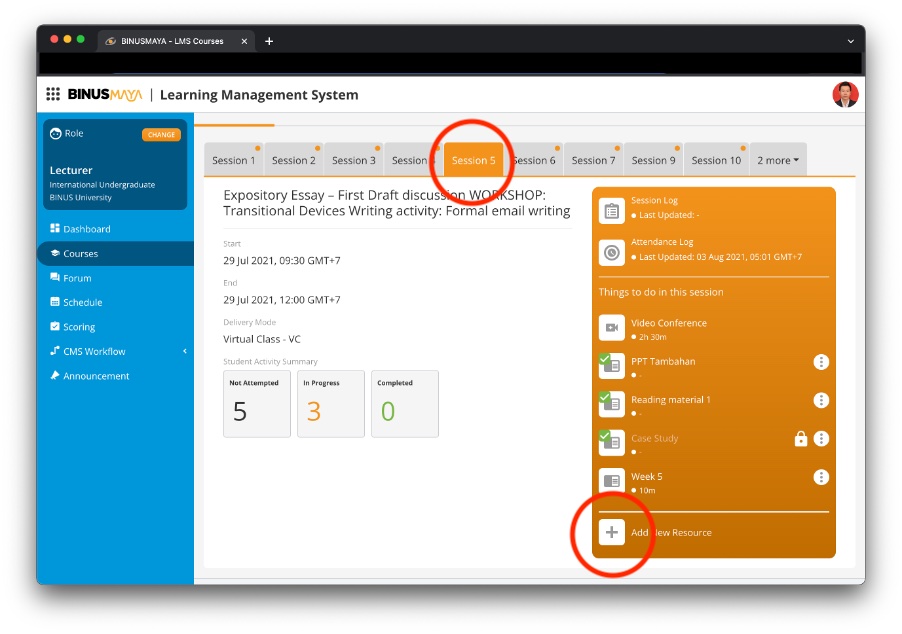 BINUSMAYA LMS select session add resource