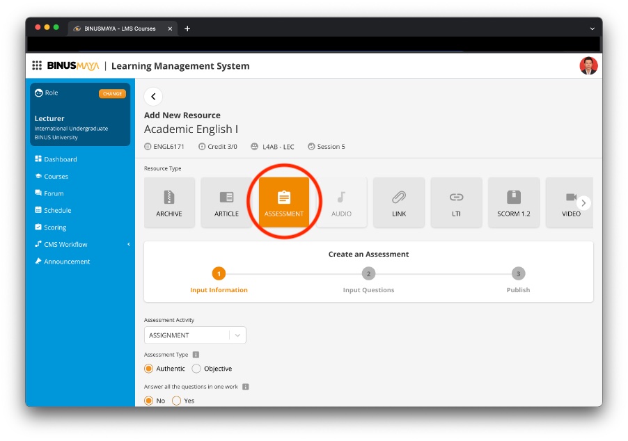 BINUSMAYA LMS add resource assessment