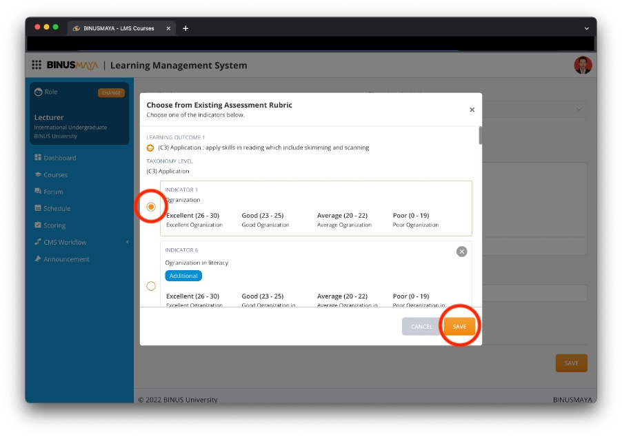 BINUSMAYA LMS assessment choose existing rubric