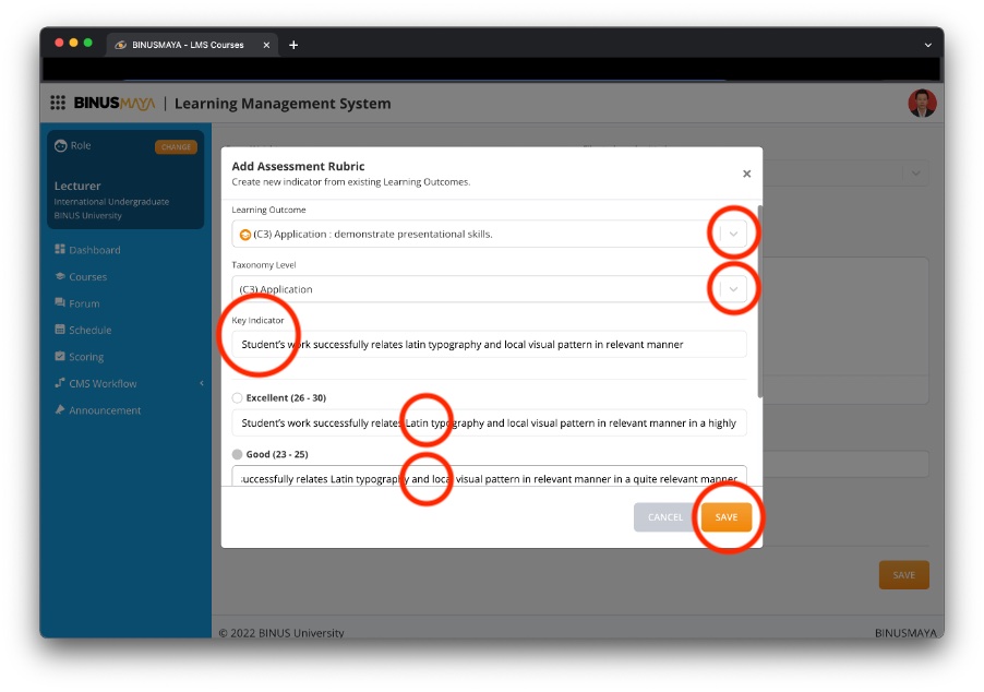 BINUSMAYA LMS assessment create new rubric